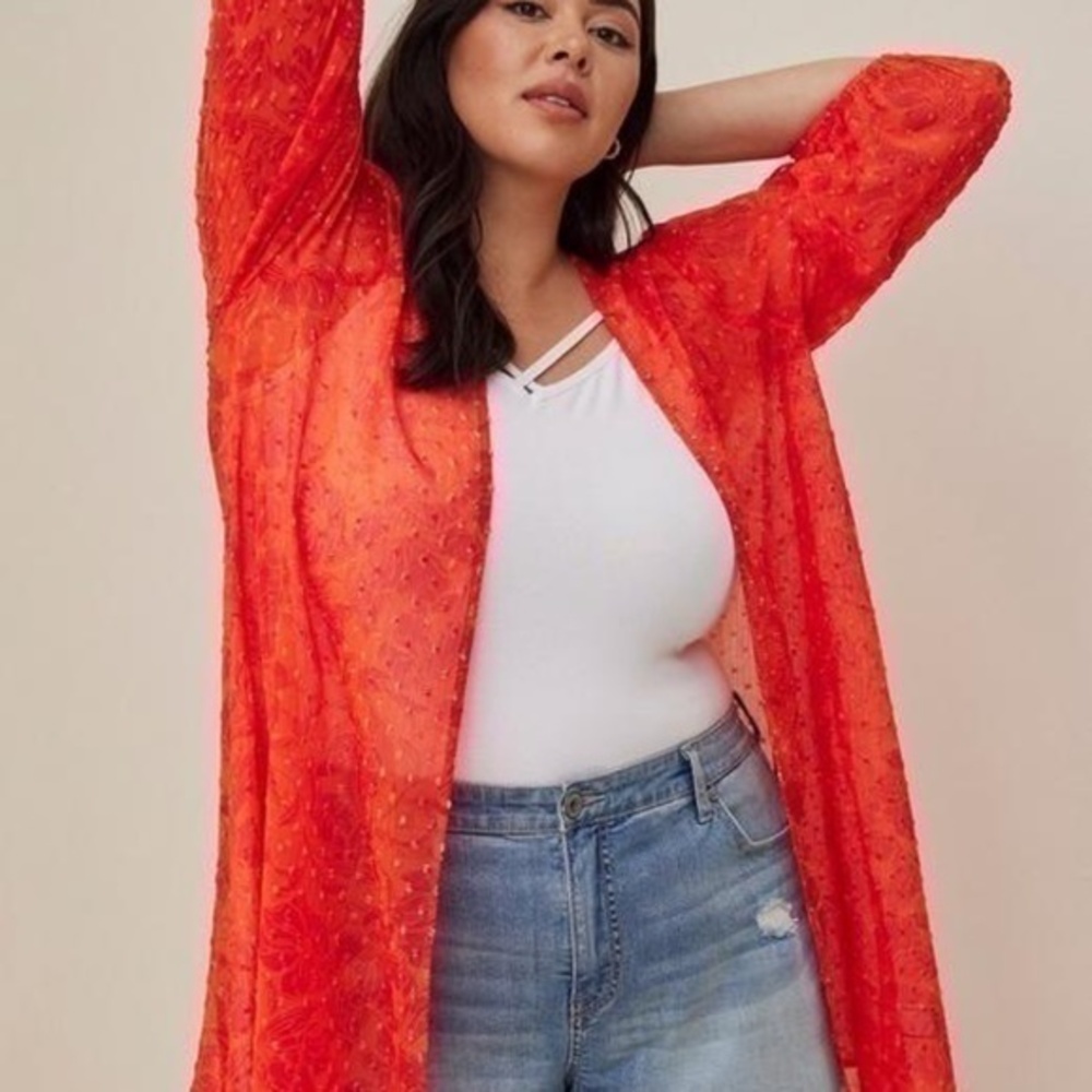 Torrid Chiffon Red Clip Dot Chiffon Blouson Sleeve Kimono sz 1 or 14/16